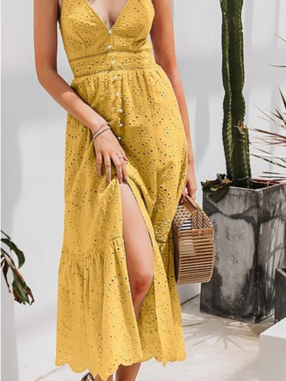 SHEIN Yellow Eyelet Maxi Dress with V-Neck and Spaghetti Straps